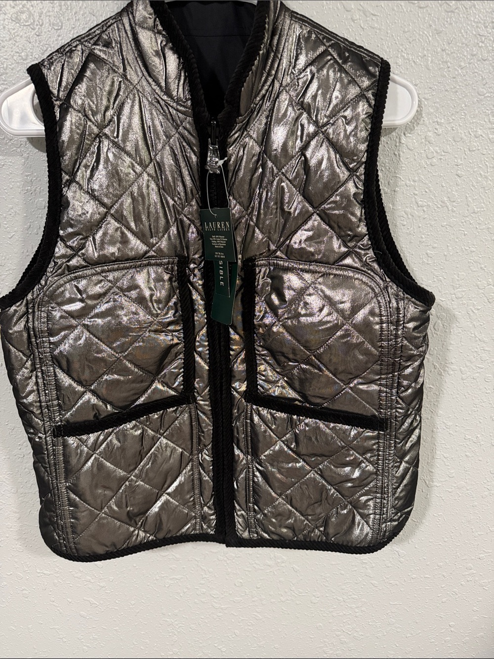 Ralph Lauren reversible Metallic Quilted Vest NWT Black other side